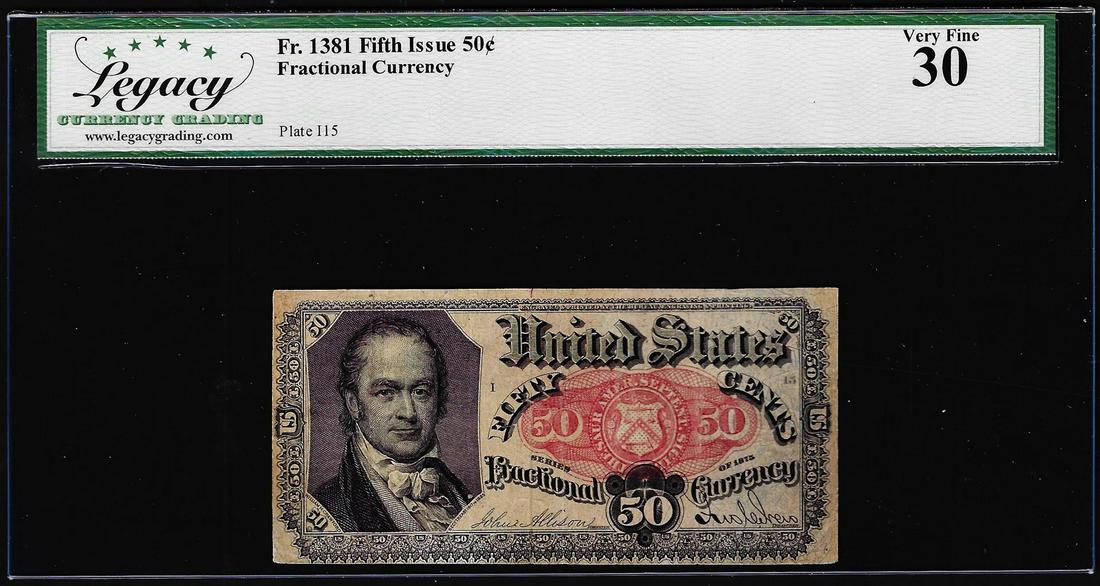 1874 Fifth Issue Fifty Cents Fractional Currency Note Fr.1381 Legacy Very Fine 30: . Legacy Graded.
