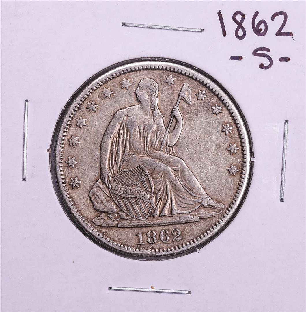 1862-S Seated Liberty Half Dollar Coin: One 1862-S Seated Liberty Half Dollar Coin.