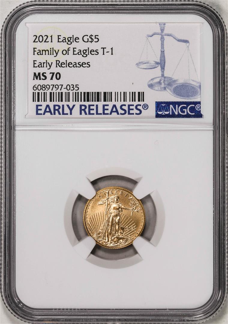 2021 Type 1 $5 American Gold Eagle Coin NGC MS70 Early Releases: One 2021 Type 1 $5 American Gold Eagle Coin NGC MS70 Early Releases. NGC Certified.