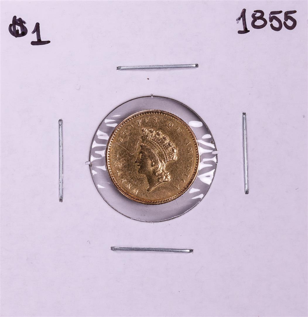 1855 Type 2 $1 Indian Princess Head Gold Dollar Coin: One 1855 Type 2 $1 Indian Princess Head Gold Dollar Coin.