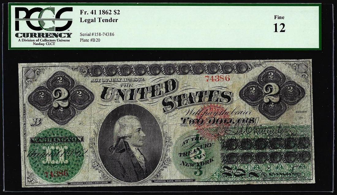 1862 $2 Legal Tender Note Fr.41 PCGS Fine 12: One 1862 $2 Legal Tender Note Fr.41 PCGS Fine 12. PCGS Graded.