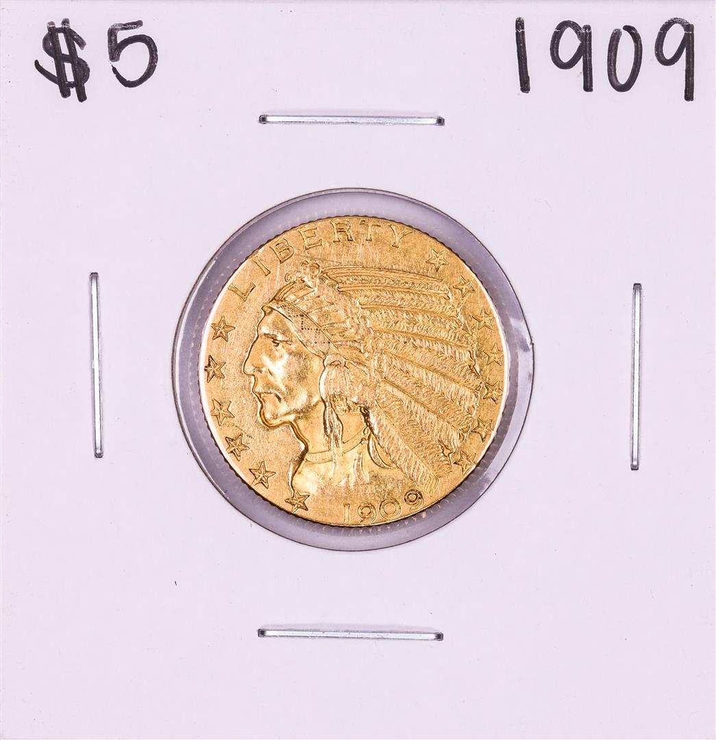 1909 $5 Indian Head Half Eagle Gold Coin: One 1909 $5 Indian Head Half Eagle Gold Coin.