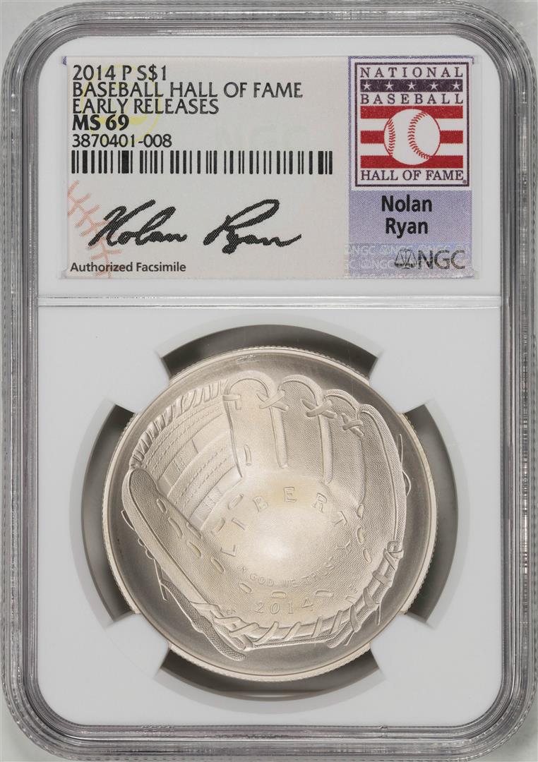 2014-P $1 Baseball HOF Silver Dollar Coin NGC MS69 Nolan Ryan Signature Early Release: One 2014-P $1 Baseball HOF Silver Dollar Coin NGC MS69 Nolan Ryan Signature Early Release. NGC Certified.