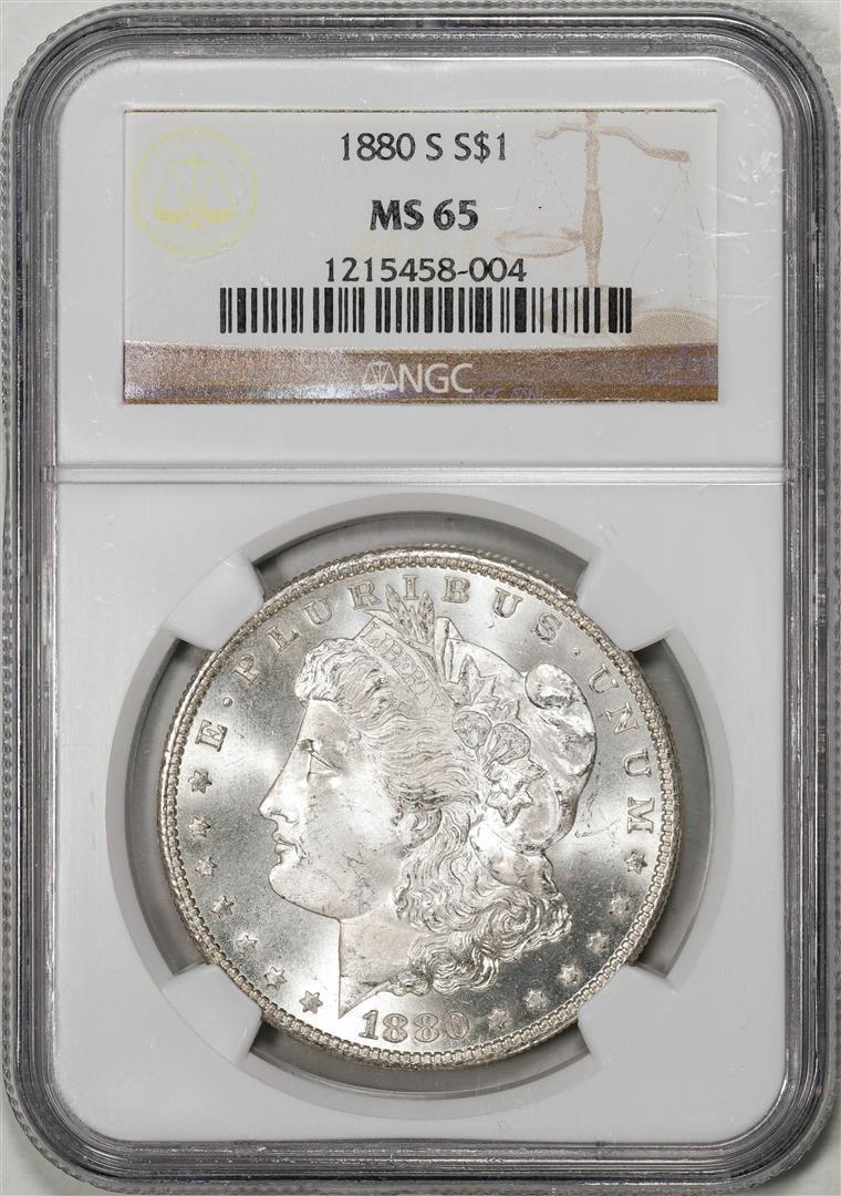 1880-S $1 Morgan Silver Dollar Coin NGC MS65: One 1880-S $1 Morgan Silver Dollar Coin NGC MS65. NGC Certified.