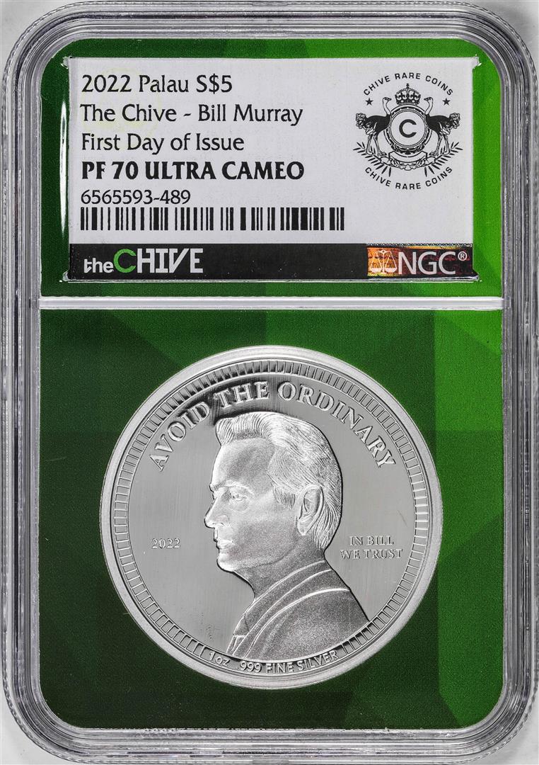 2022 Paulau $5 Proof The Chive Bill Murray Silver Coin NGC PF70 Ultra Cameo FDOI: One 2022 Paulau $5 Proof The Chive Bill Murray Silver Coin NGC PF70 Ultra Cameo FDOI. NGC Certified.