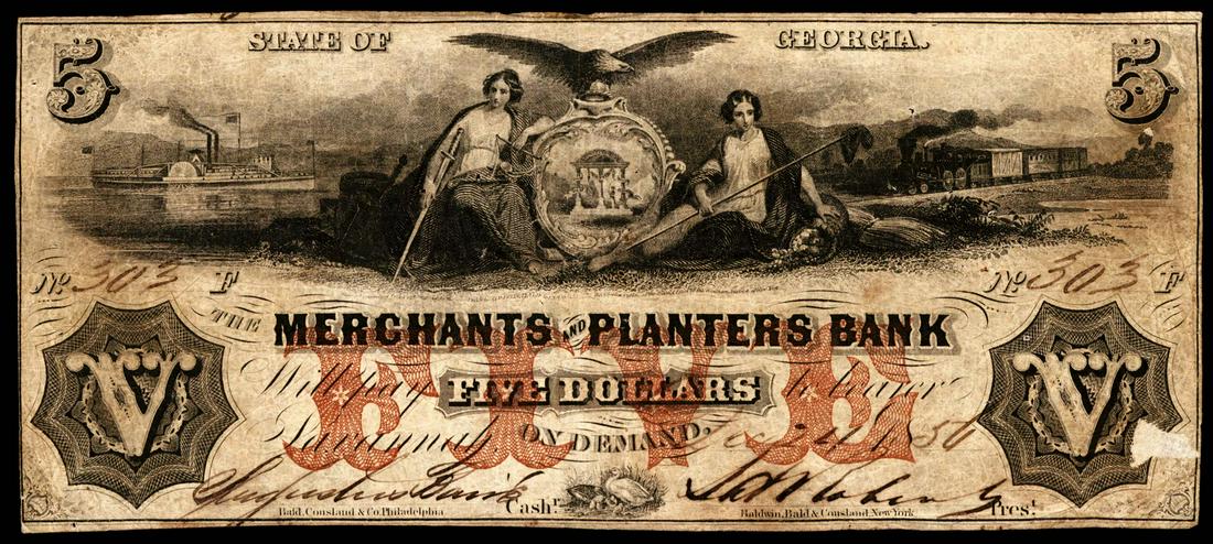 1856 $5 Merchants and Planters Bank Savannah, GA Obsolete Note: One 1856 $5 Merchants and Planters Bank Savannah, GA Obsolete Note.