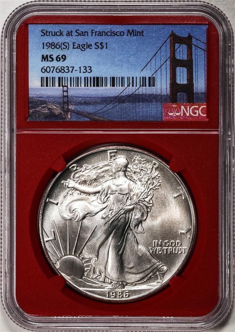 1986-S $1 American Silver Eagle Coin NGC MS69: One 1986-S $1 American Silver Eagle Coin NGC MS69. NGC Certified.