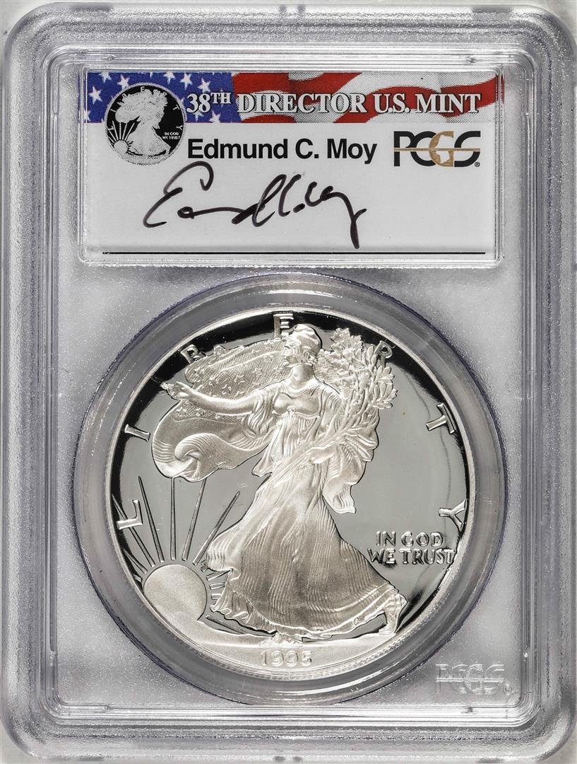 1995-P $1 Proof American Silver Eagle Coin PCGS PR69DCAM Edmund Moy Signature: One 1995-P $1 Proof American Silver Eagle Coin PCGS PR69DCAM Edmund Moy Signature. PCGS Graded.