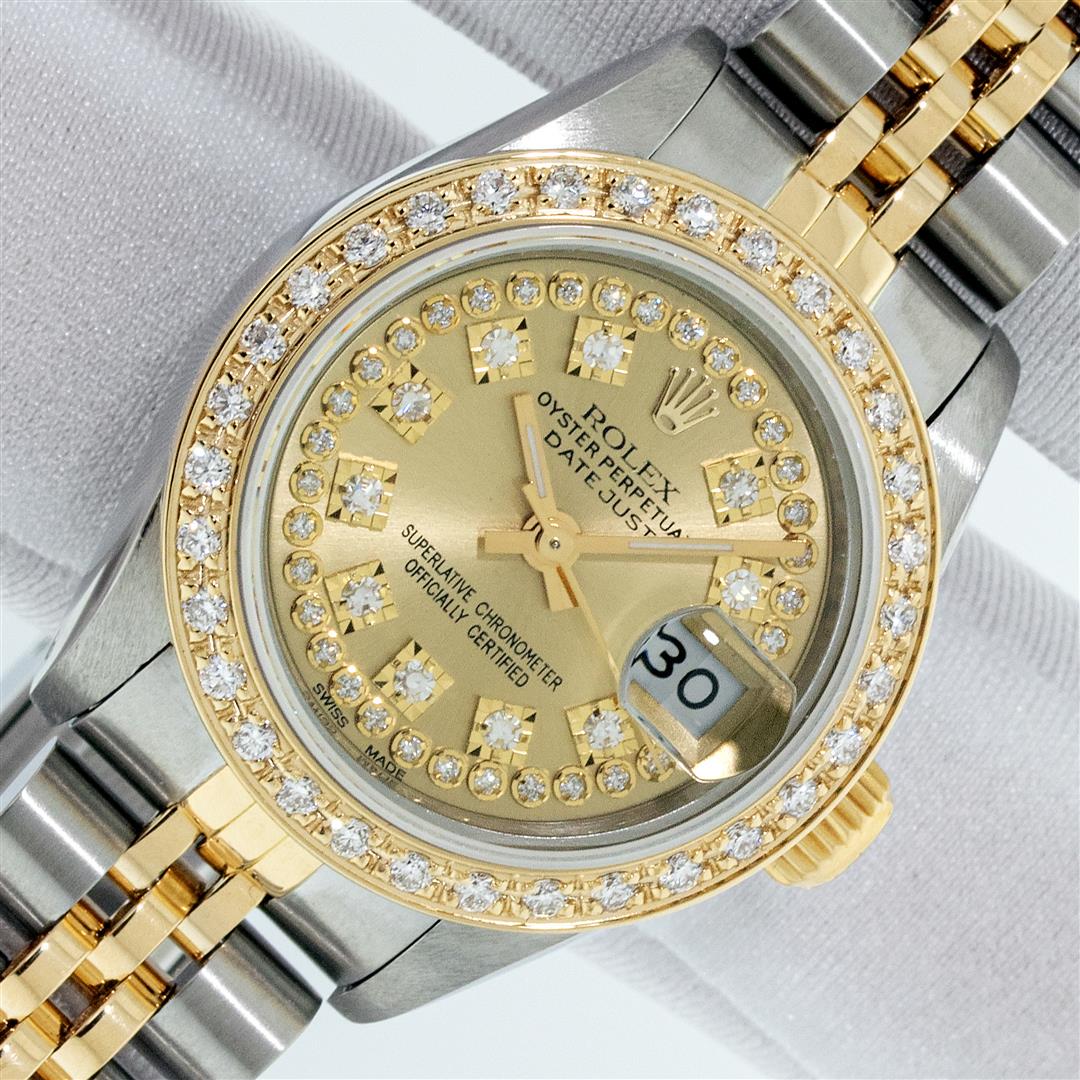 Rolex Ladies Two Tone Champagne Diamond Datejust Wristwatch: One Ladies Two Tone Rolex Datejust Polished, Serviced & Electronically Tested, Yellow Gold & Stainless Steel Case: 26mm, Rolex Yellow Gold Crown, Custom Bezel: New 18K New Yellow Gold Beadset Diamond