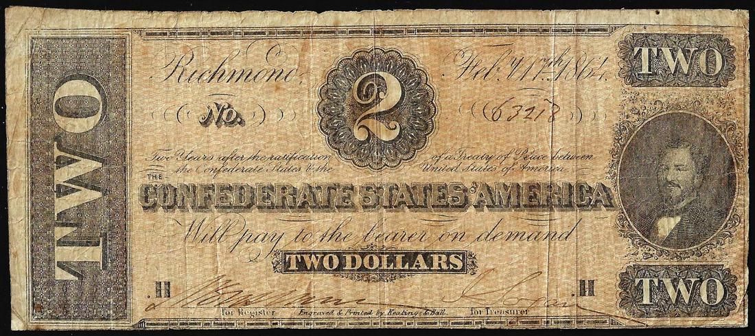 1864 $2 Confederate States of America Note: One 1864 $2 Confederate States of America Note.