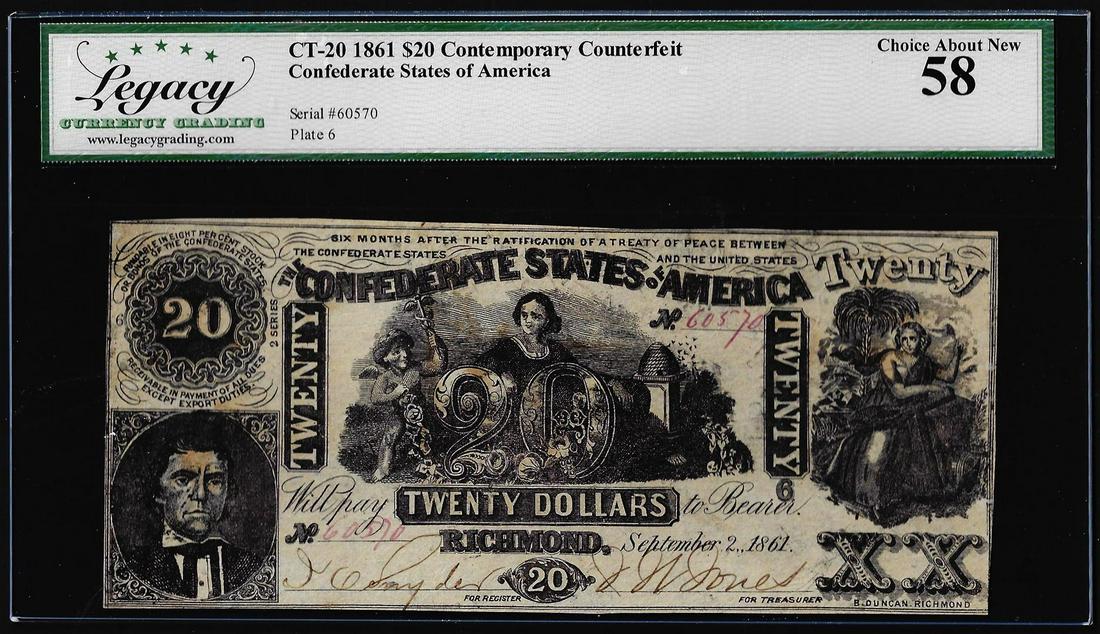 1861 $20 Contemporary Counterfeit Confederate States Note CT-20 Legacy Choice AU58: One 1861 $20 Contemporary Counterfeit Confederate States Note CT-20 Legacy Choice AU58. Legacy Graded.