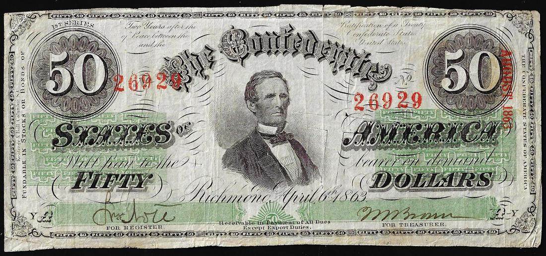 1863 $50 Confederate States of America Note: One 1863 $50 Confederate States of America Note.