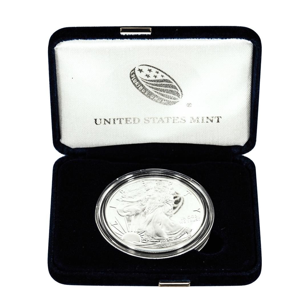 2017 $1 Proof American Silver Eagle Coin with Original Box: One 2017 $1 Proof American Silver Eagle Coin with Original Box.
