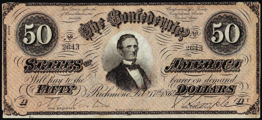 1864 $50 Confederate States of America Note: One 1864 $50 Confederate States of America Note.
