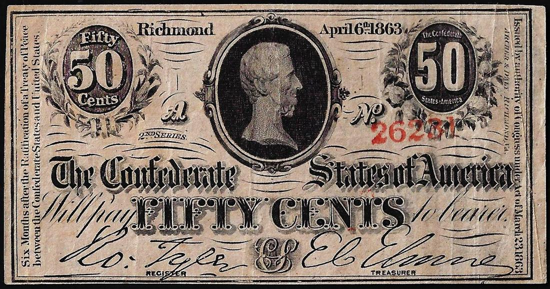 1863 Fifty Cents Confederate States of America Note: One 1863 Fifty Cents Confederate States of America Note.