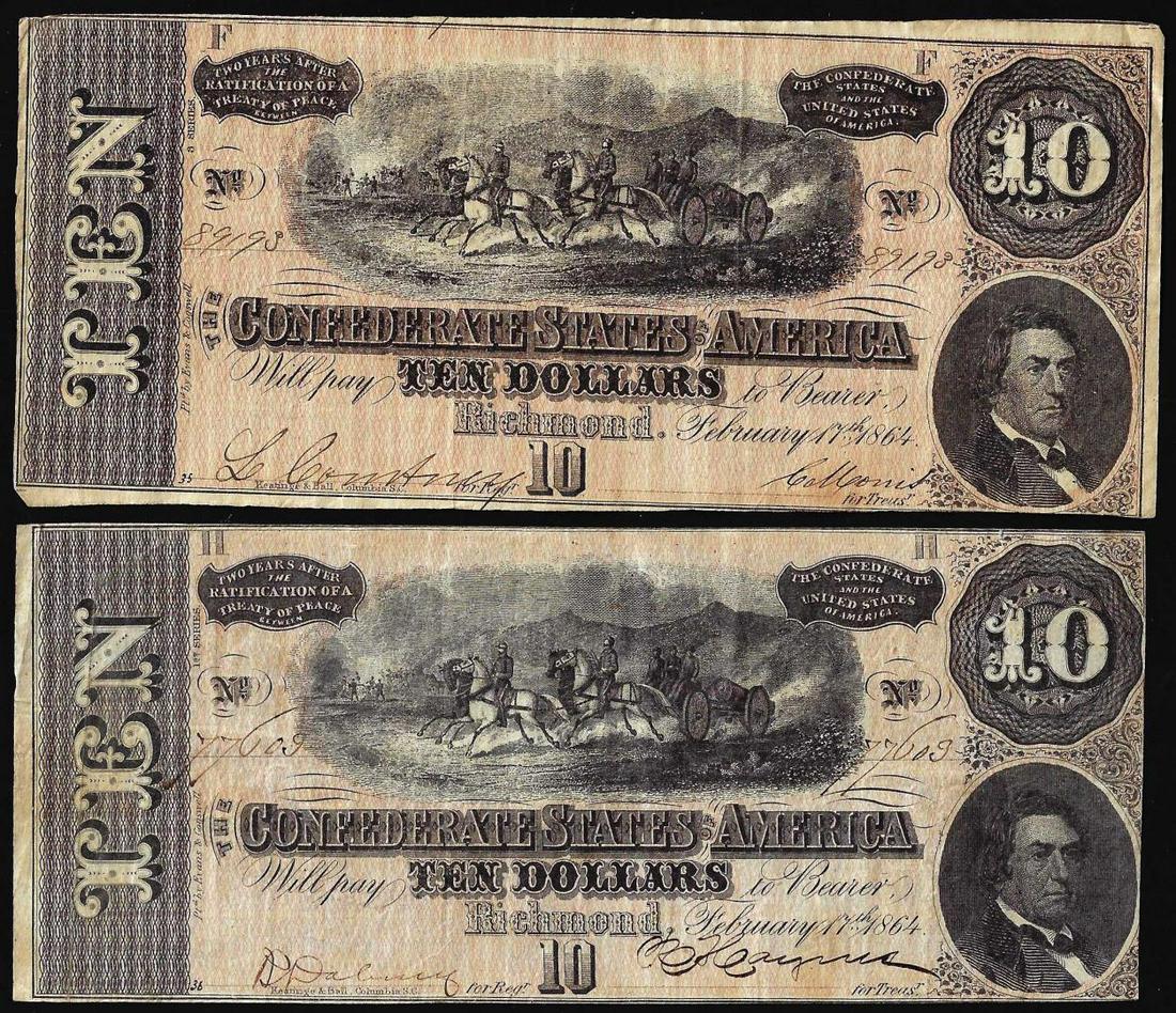 Lot of (2) 1864 $10 Confederate States of America Notes: One Lot of (2) 1864 $10 Confederate States of America Notes.