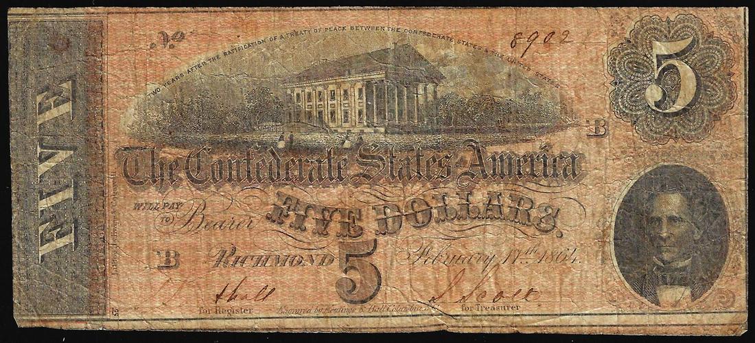 1864 $5 Confederate States of America Note: One 1864 $5 Confederate States of America Note.