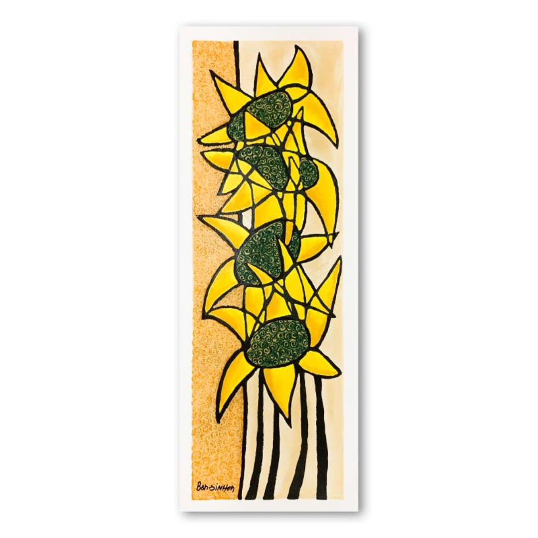 Ben Simhon "Sunflower Trio" Limited Edition Serigraph On Paper: This is a limited edition serigraph on paper by Ben Simhon. It is numbered and hand signed and includes a letter of authenticity. Measures approximately 26.5" x 8.5" (image).