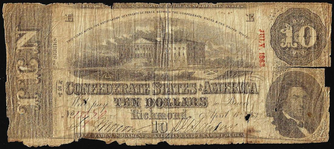 1863 $10 Confederate States of America Note: One 1863 $10 Confederate States of America Note.