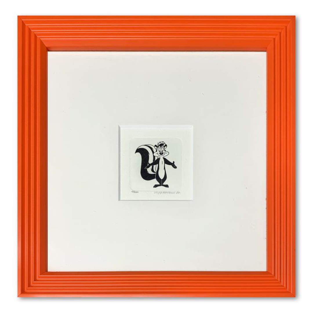 Looney Tunes "Pepe le Pew" Limited Edition Etching On Paper: "Pepe le Pew" is a limited edition etching on paper with hand-tinted coloring from Warner Bros, numbered and dated 1999. This piece comes framed. Measures approximately 9" x 9" (frame), 2" x 2" (image