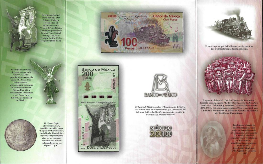 2010 Mexico 100 & 200 Pesos Commemorative Uncirculated Bank Notes in Folder: One 2010 Mexico 100 & 200 Pesos Commemorative Uncirculated Bank Notes in Folder. Please note that the serial numbers will vary as the image shown is only a representation of the notes and packaging yo