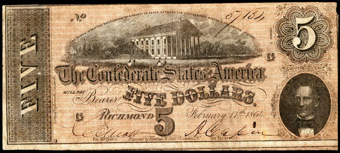 1864 $5 Confederate States of America Note: One 1864 $5 Confederate States of America Note.