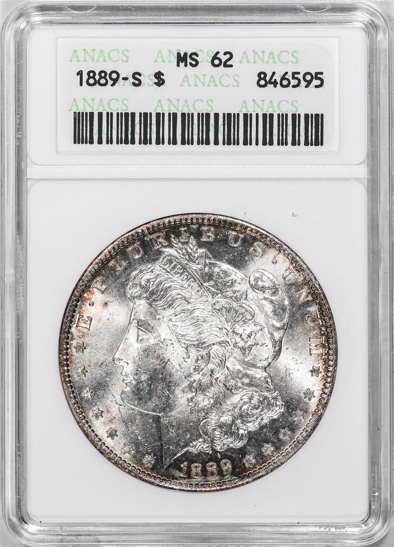 1889-S $1 Morgan Silver Dollar Coin ANACS MS62 Old Soap Box Holder: One 1889-S $1 Morgan Silver Dollar Coin ANACS MS62 Old Soap Box Holder. ANACS Certified.