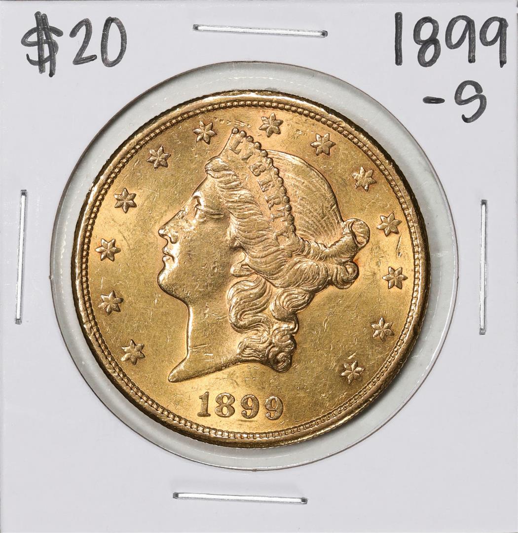 1899-S $20 Liberty Head Double Eagle Gold Coin: One 1899-S $20 Liberty Head Double Eagle Gold Coin.