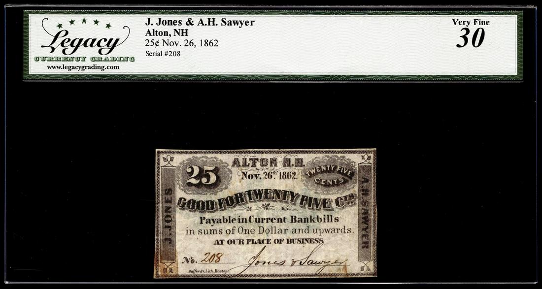 1862 J. Jones & A.H. Sawyer 25 Cents Alton, NH Obsolete Note Legacy Very Fine 30: One 1862 J. Jones & A.H. Sawyer 25 Cents Alton, NH Obsolete Note Legacy Very Fine 30. Legacy Graded.