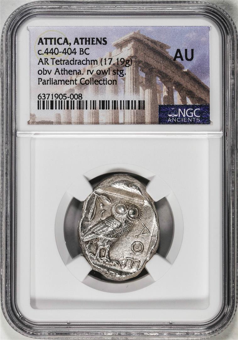Ancient Greek 440-404 BC Attica Athens AR Tetradrachm Athena Owl Coin NGC AU: One Ancient Greek 440-404 BC Attica Athens AR Tetradrachm Athena Owl Coin NGC AU. NGC Certified.