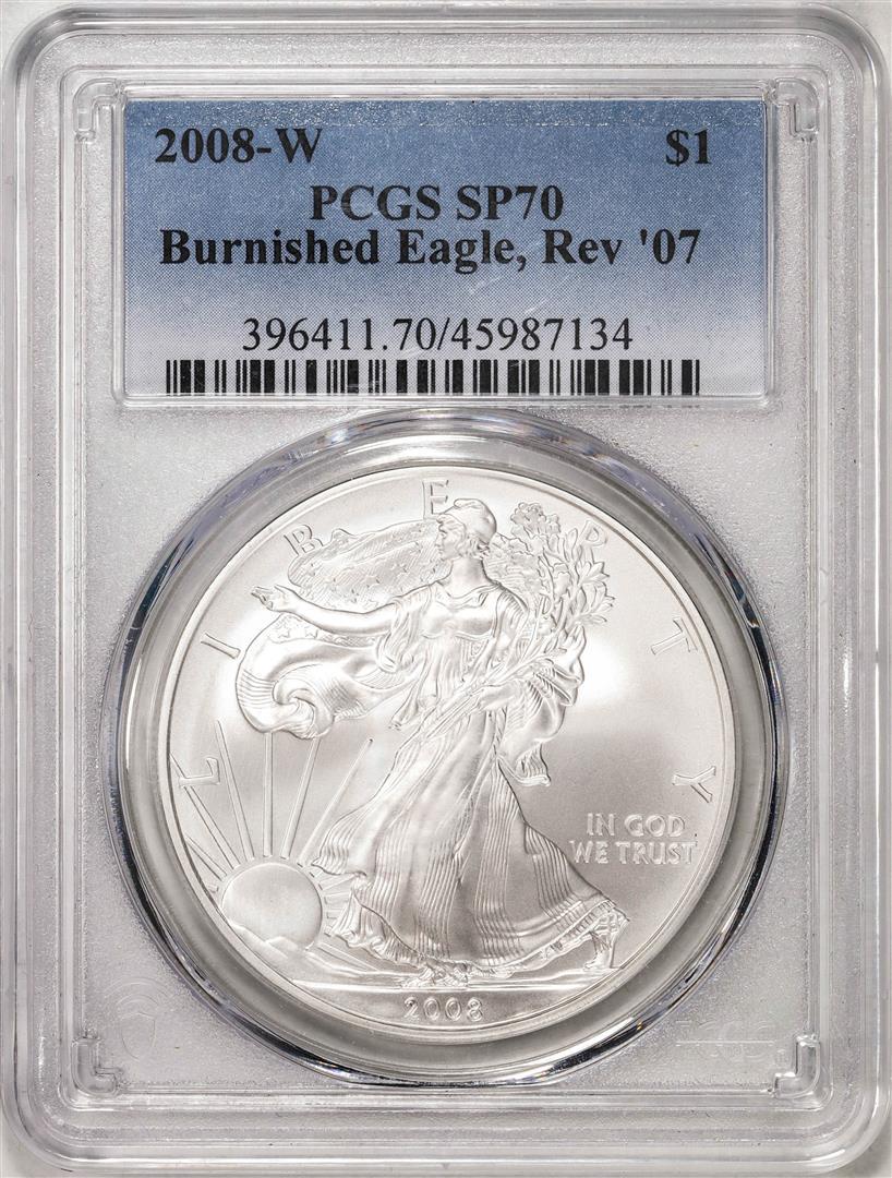 2008-W $1 Burnished Eagle Reverse '07 American Silver Eagle Coin PCGS SP70: One 2008-W $1 Burnished Eagle Reverse '07 American Silver Eagle Coin PCGS SP70. PCGS Graded.