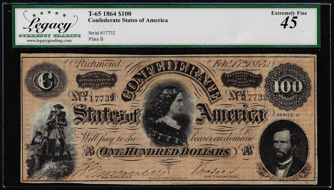1864 $100 Confederate States of America Note T-65 Legacy Extremely Fine 45: One 1864 $100 Confederate States of America Note T-65 Legacy Extremely Fine 45. Legacy Graded.