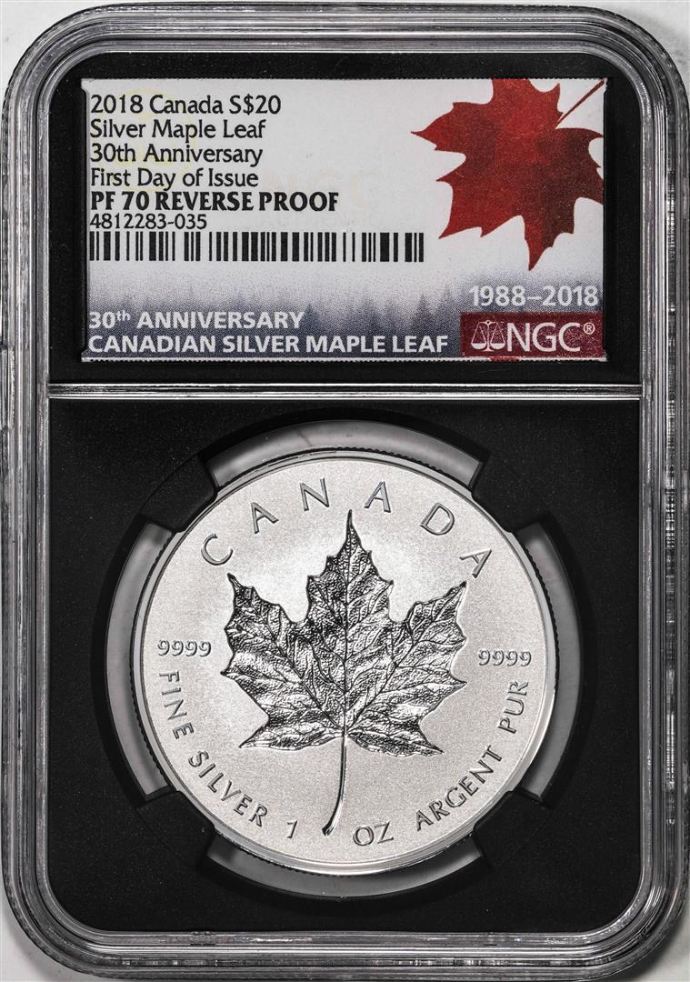 2018 Canada $20 Maple Leaf Silver Coin NGC PF70 Reverse Proof FDOI with COA: One 2018 Canada $20 Maple Leaf Silver Coin NGC PF70 Reverse Proof FDOI with COA. NGC Certified.