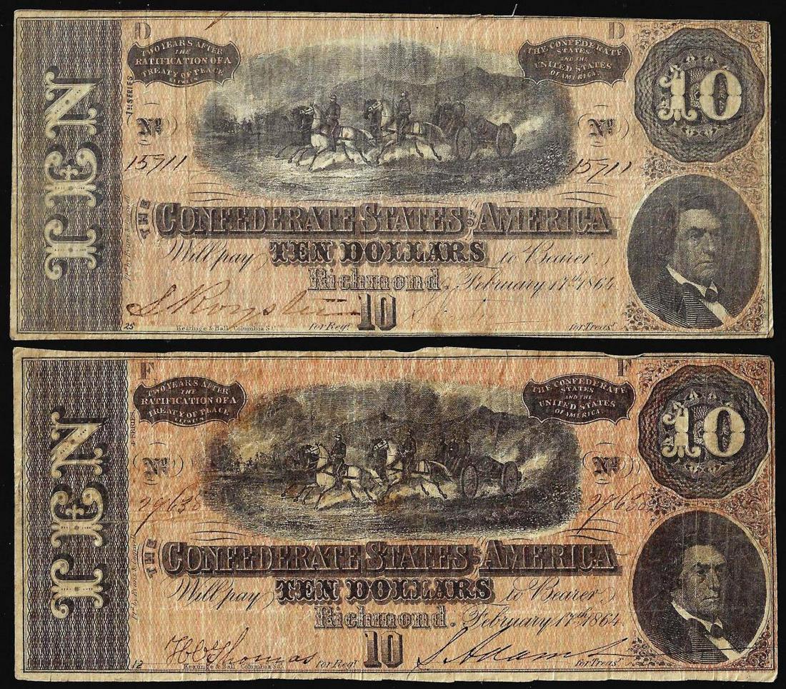 Lot of (2) 1864 $10 Confederate States of America Notes: One Lot of (2) 1864 $10 Confederate States of America Notes.