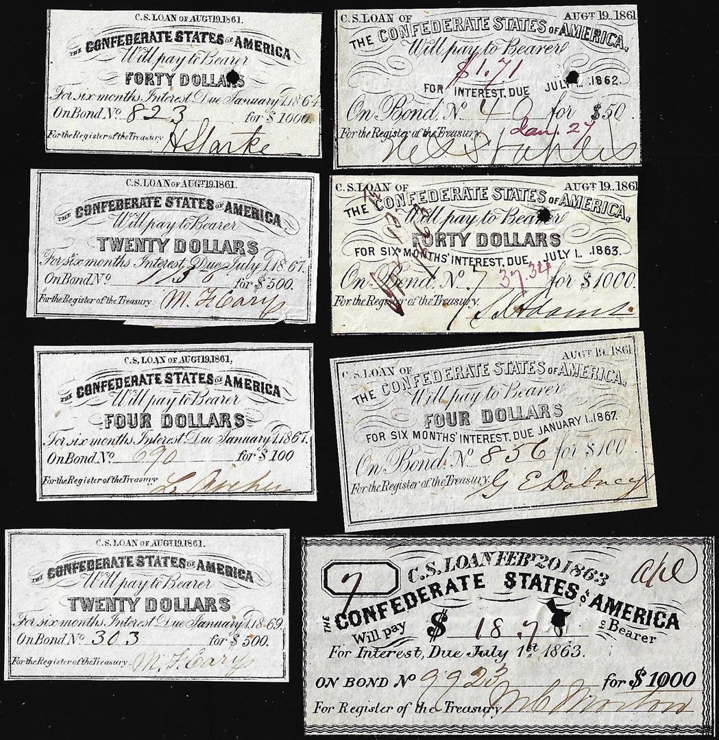 Lot of (8) Assorted 1861-1863 Confederate States of America Bond Coupons: One Lot of (8) Assorted 1861-1863 Confederate States of America Bond Coupons.