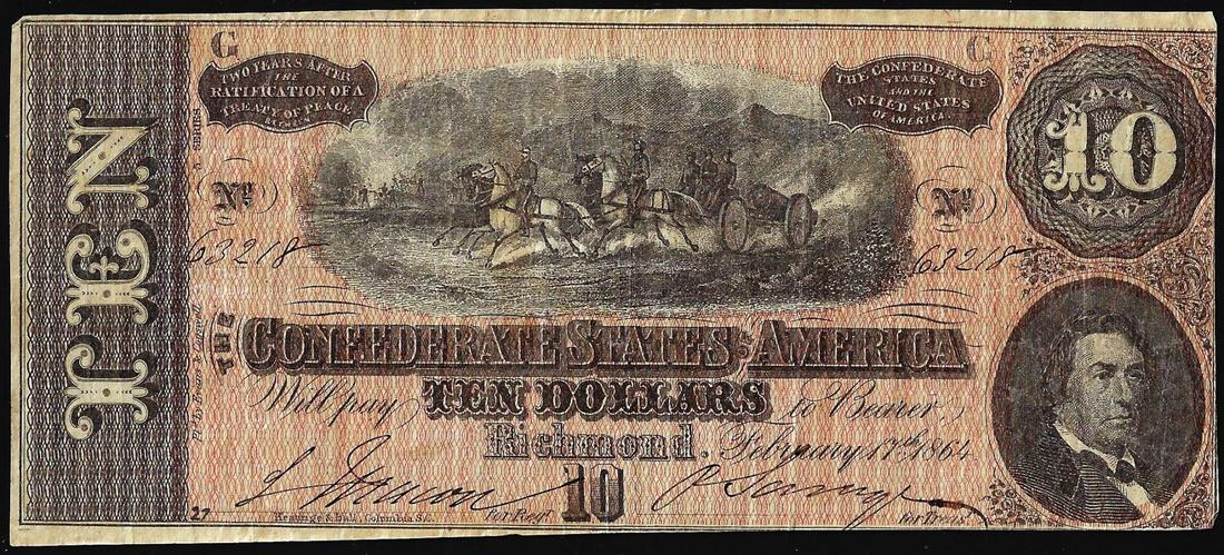 1864 $10 Confederate States of America Note: One 1864 $10 Confederate States of America Note.