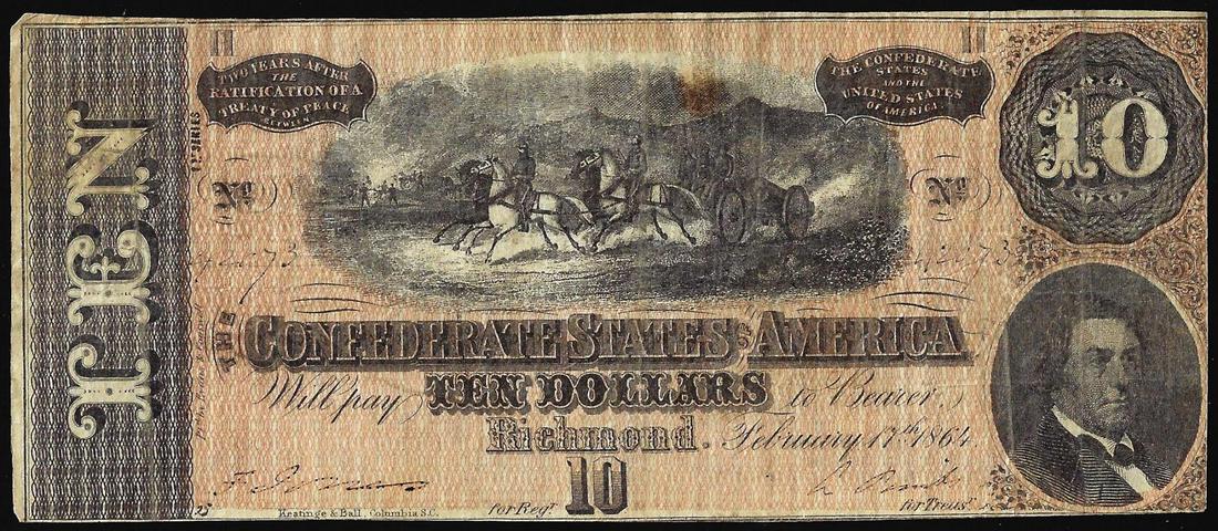 1864 $10 Confederate States of America Note: One 1864 $10 Confederate States of America Note.