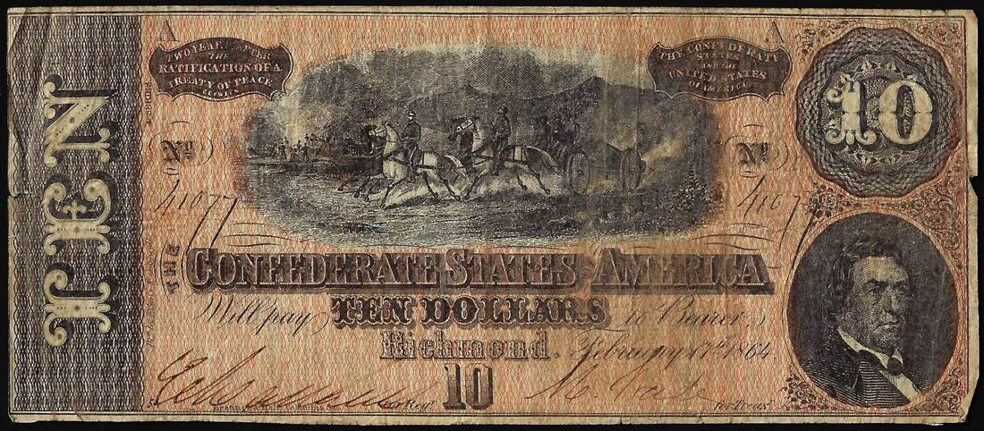 1864 $10 Confederate States of America Note: One 1864 $10 Confederate States of America Note.