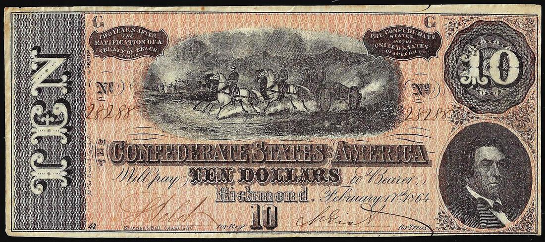 1864 $10 Confederate States of America Note: One 1864 $10 Confederate States of America Note.