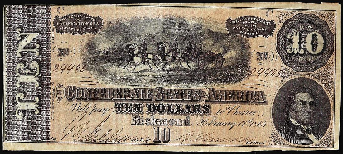 1864 $10 Confederate States of America Note: One 1864 $10 Confederate States of America Note.