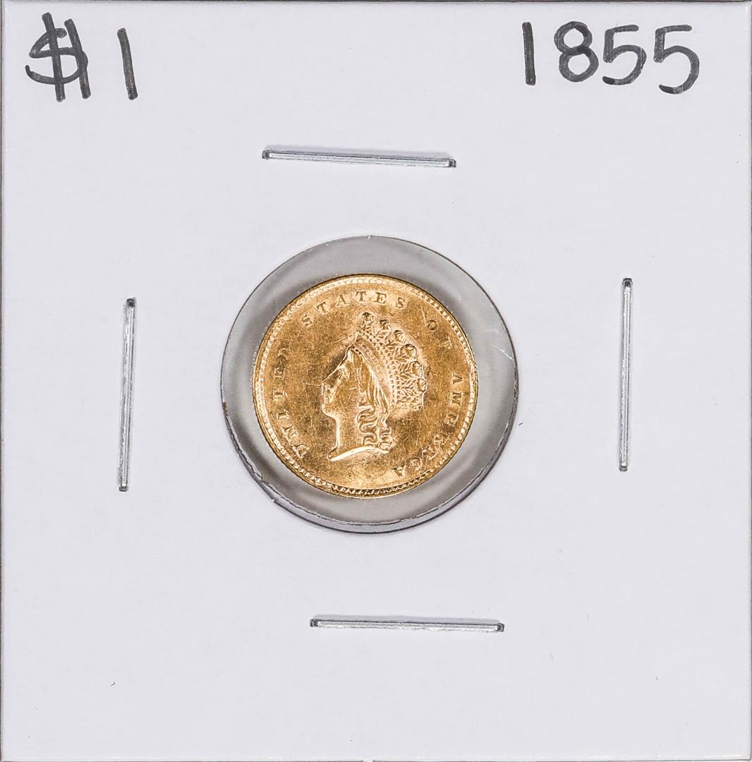 1855 Type 2 $1 Indian Princess Head Gold Dollar Coin: One 1855 Type 2 $1 Indian Princess Head Gold Dollar Coin.