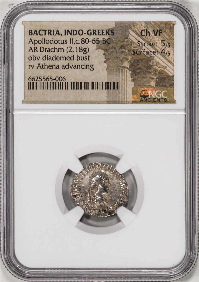 80-65 BC Bactria, Indo-Greeks Apollodotus II AR Drachm Ancient Coin NGC Ch VF: One 80-65 BC Bactria, Indo-Greeks Apollodotus II AR Drachm Ancient Coin NGC Ch VF. Diademed, draped bust of Apollodotus II right / Maharajasa tratarasa Apaladatasa (Kharosthi), Athena advancing left, 