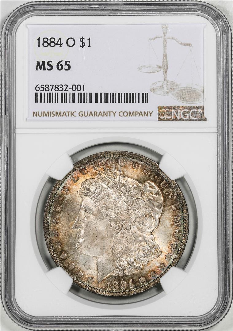 1884-O $1 Morgan Silver Dollar Coin NGC MS65: One 1884-O $1 Morgan Silver Dollar Coin NGC MS65, please note this coin has a chipped slab as shown in this picture. NGC Certified.