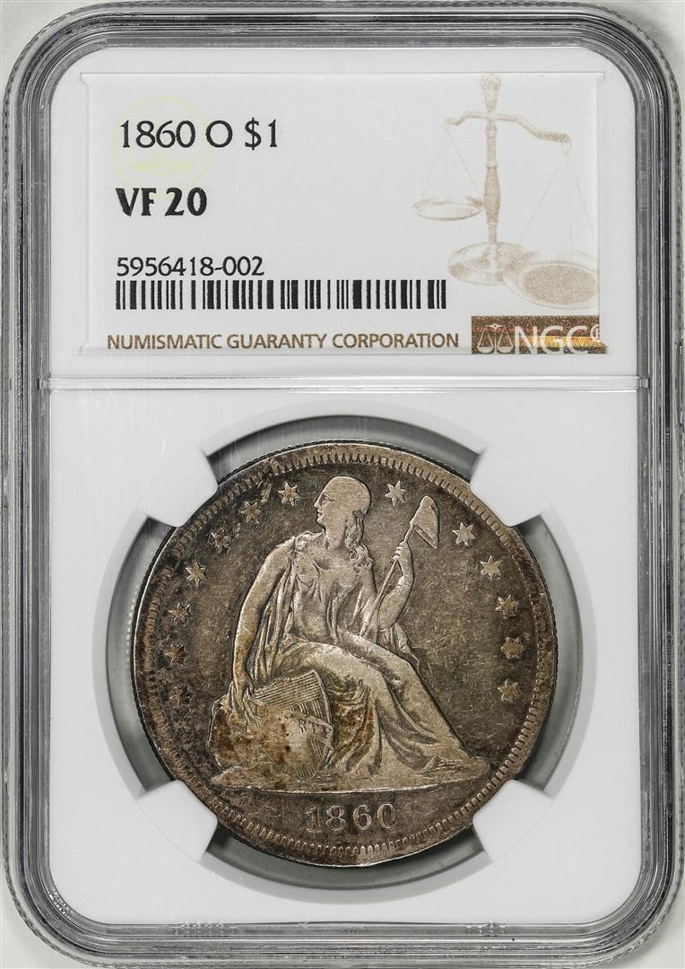 1860-O $1 Seated Liberty Silver Dollar Coin NGC VF20: One 1860-O $1 Seated Liberty Silver Dollar Coin NGC VF20. NGC Certified.