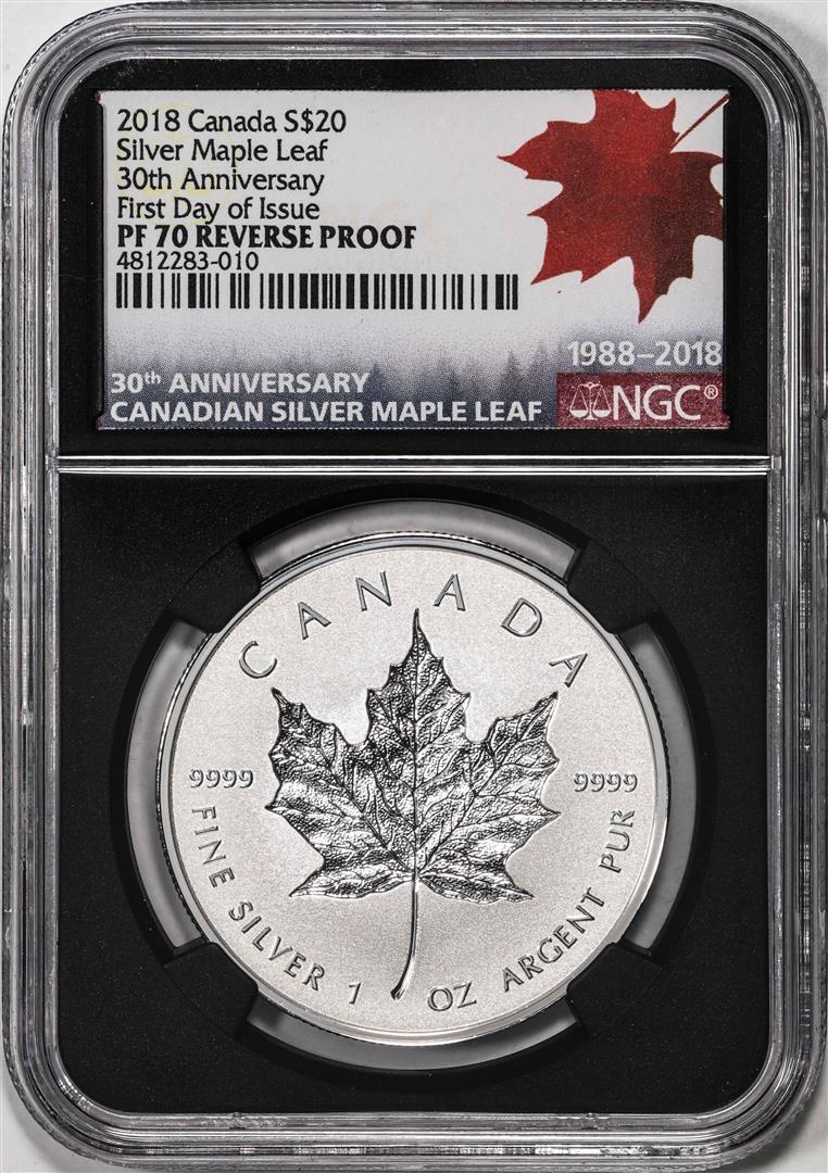2018 Canada $20 Maple Leaf Silver Coin NGC PF70 Reverse Proof FDOI with COA: One 2018 Canada $20 Maple Leaf Silver Coin NGC PF70 Reverse Proof FDOI with COA. NGC Certified.