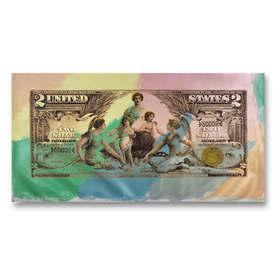 Steve Kaufman "1896 Silver Certificate ($2)" Limited Edition Mixed Media On Canvas: "1896 $2.00 Silver Certificate" is a limited edition hand pulled silkscreen mixed media on canvas by Andy Warhol protege Steve Kaufman (1960-2010). This piece is numbered and AP 17/50 and hand signed 