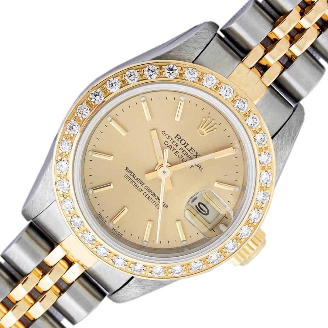 Rolex Ladies Two Tone Champagne Index Diamond Datejust Wristwatch: Rolex Ladies Pre Owned Sapphire Quickset 18K Yellow Gold and Stainless Steel Two Tone Datejust Polished Bright with Satin Finish, Serviced & Electronically Tested, Rolex Stainless Steel Case: 26mm, Ro