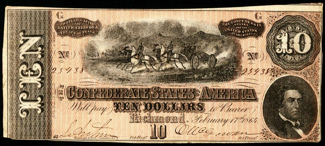 1864 $10 Confederate States of America Note: One 1864 $10 Confederate States of America Note.