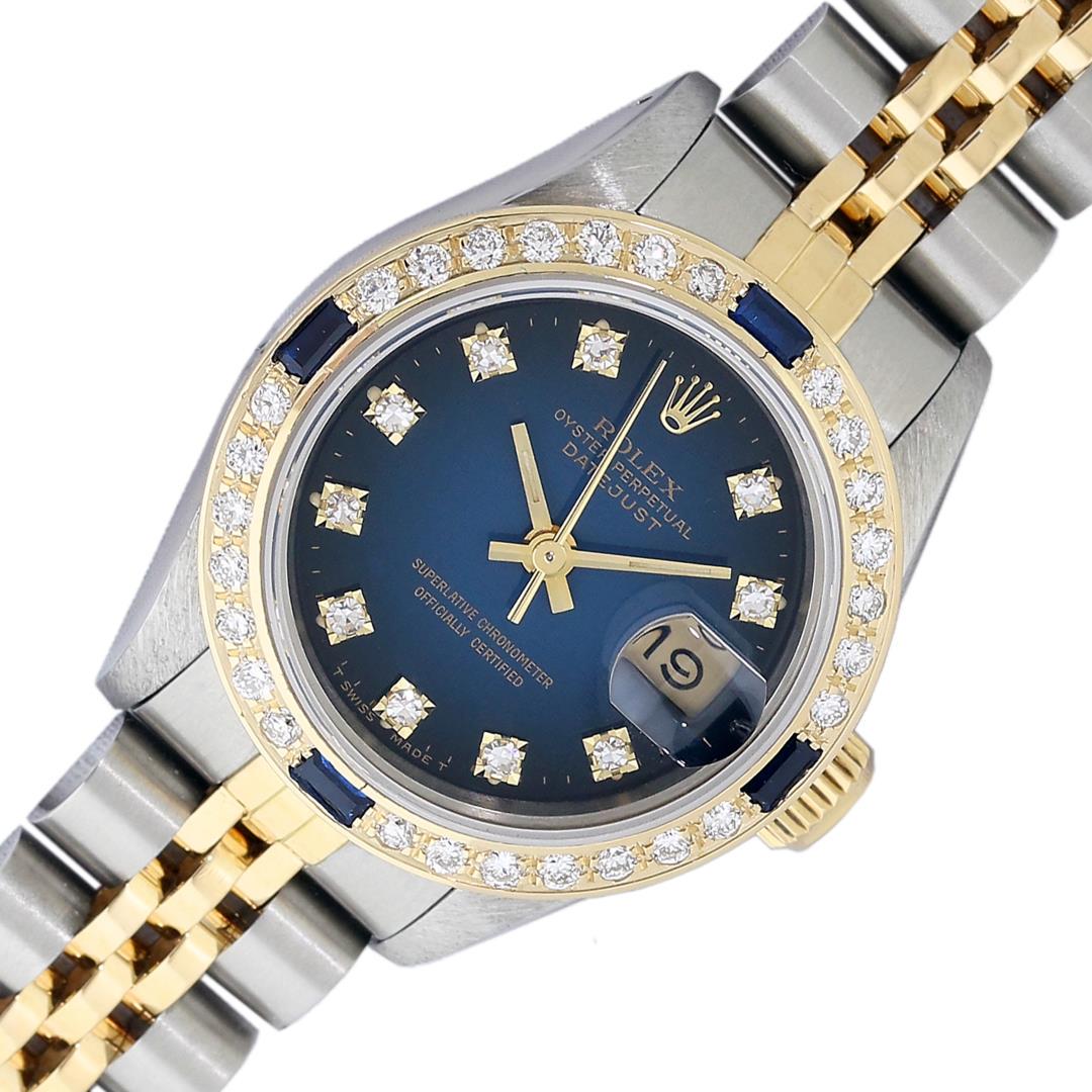 Rolex Ladies Two Tone Factory Blue Vignette Sapphire and Diamond Datejust Wristwatch: One Ladies Quickset Pre Owned Two Tone 18K Yellow Gold & Stainless Steel Rolex Datejust Polished, Serviced & Electronically Tested, Rolex Yellow Gold & Stainless Steel Case: 26mm, Rolex Yellow Gold Cr