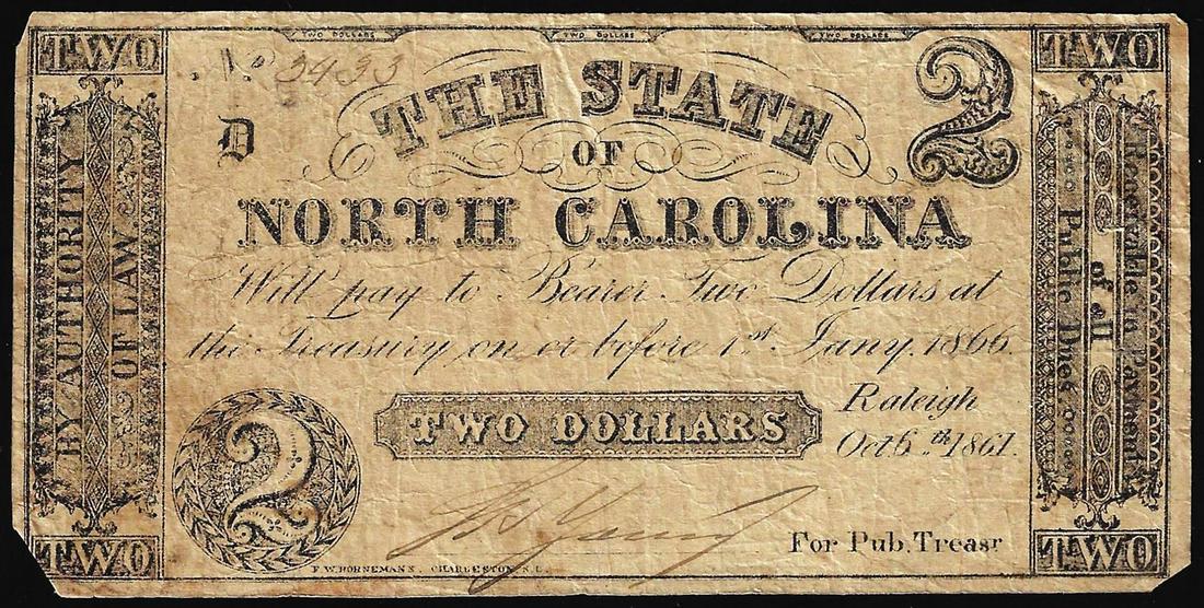 1861 $2 The State of North Carolina, Raleigh Obsolete Bank Note: One 1861 $2 The State of North Carolina, Raleigh Obsolete Bank Note.